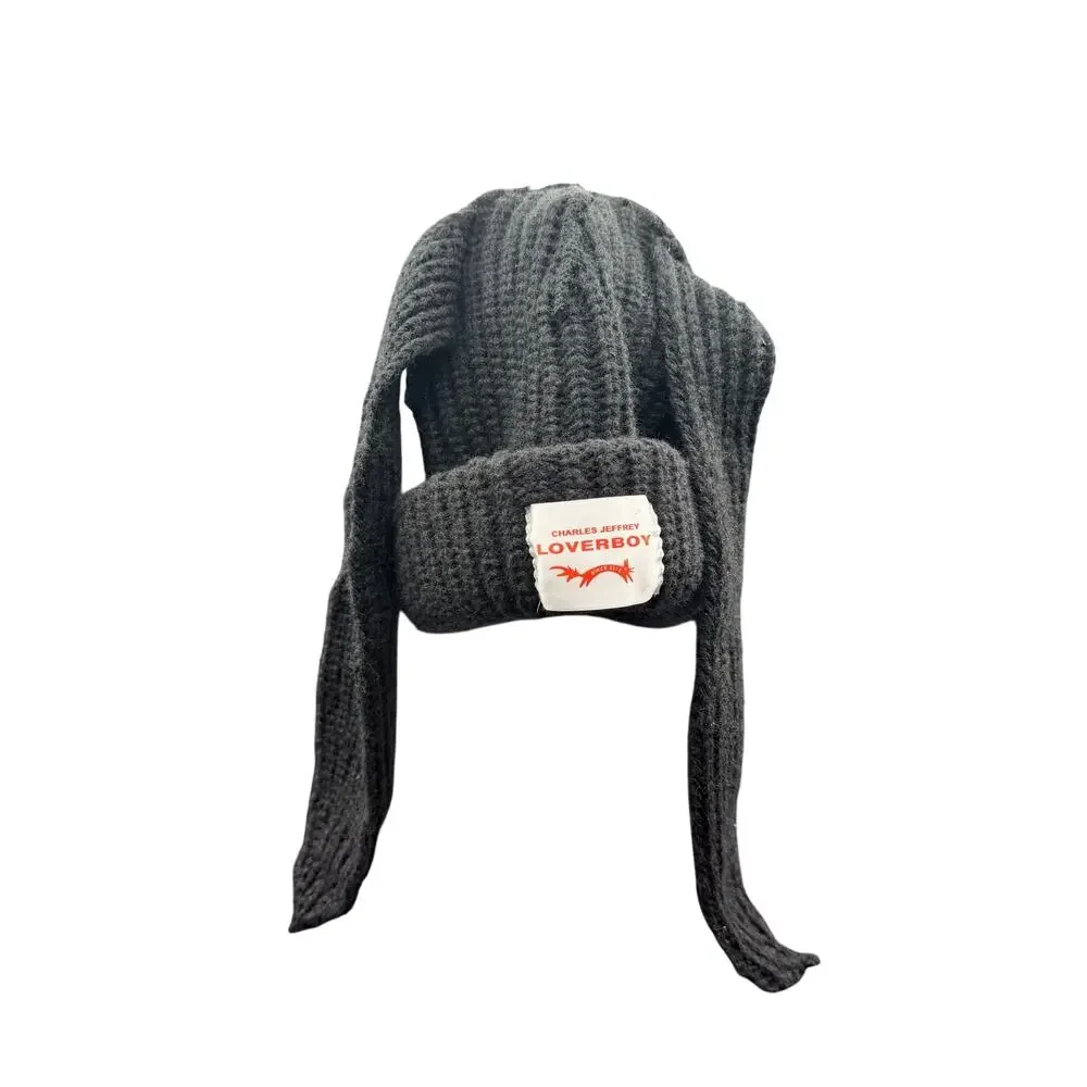 Charles Jeffrey Loverboy Chunky Ears Beanie Black Knit Logo Hat